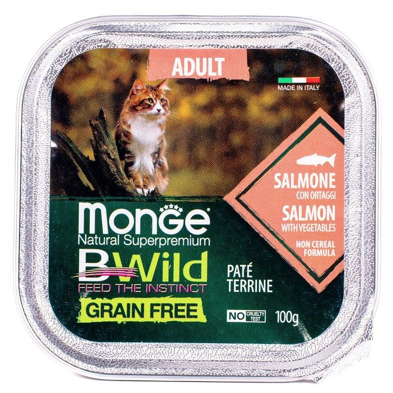 Monge Cat BWild Grain Free полнорационный влажный корм для кошек, беззерновой, паштет с лососем и овощами, в ламистерах – 100 г