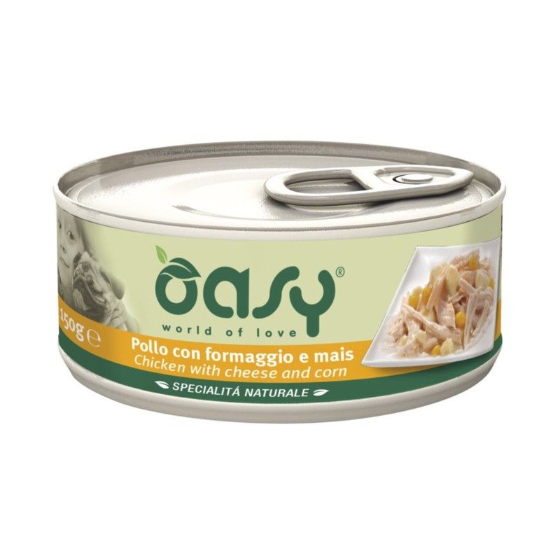 Oasy Wet Dog Specialita Naturali Chicken Cheese Corn влажный корм для взрослых собак, дополнительное питание с курицей, сыром и кукурузой, в консервах – 150 г