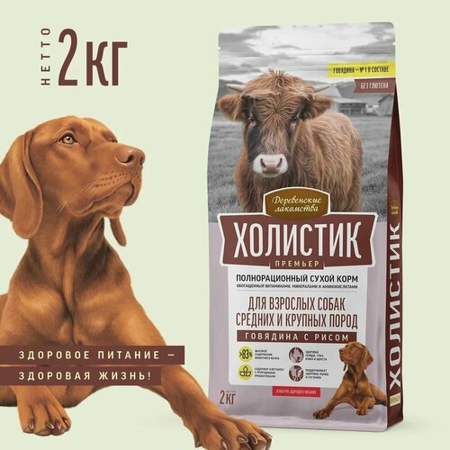 Сухой корм “Деревенские лакомства Холистик Премьер”, для собак средних и крупных пород, говядина с рисом, 2 кг