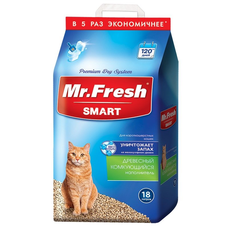 Mr.Fresh Smart древесный комкующийся наполнитель для короткошерстных кошек – 18 л (8,4 кг)