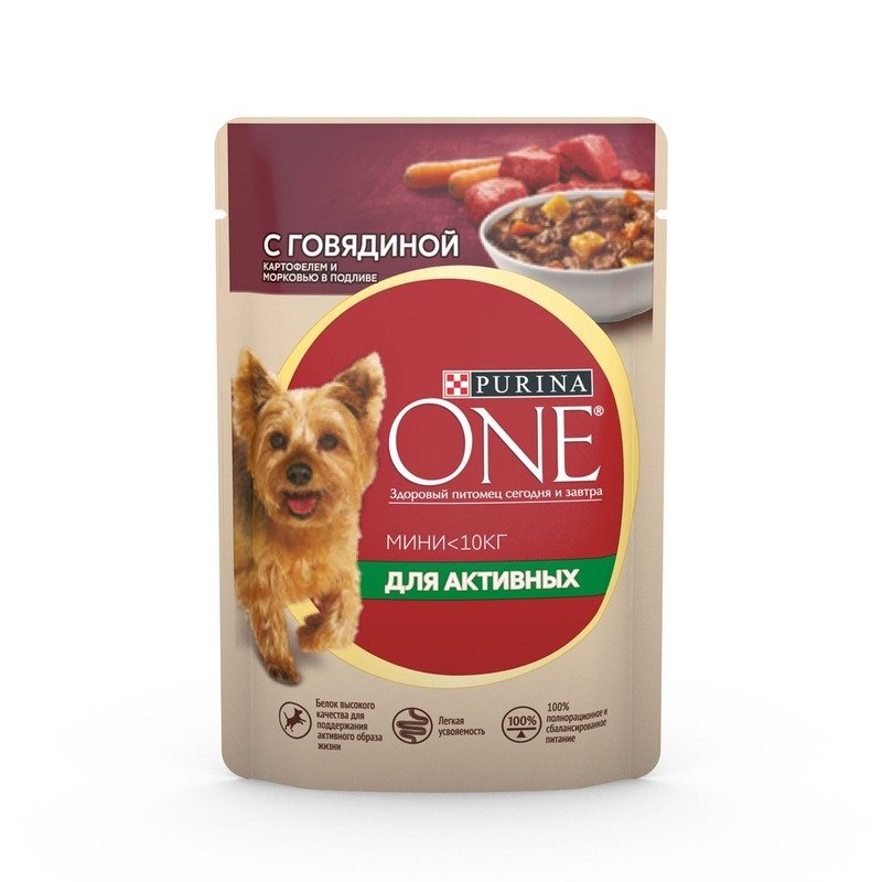 Purina ONE Мини влажный корм для собак мелких и карликовых пород, при активном образе жизни, с говядиной, картофелем и морковью, в подливе, в паучах - 85 г