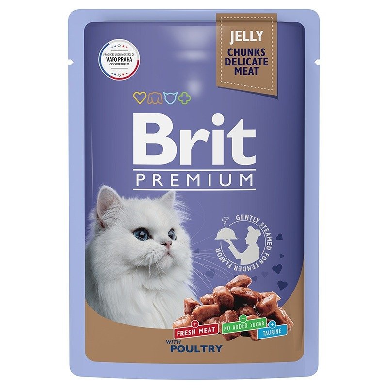 Brit Premium полнорационный влажный корм для кошек, ассорти из птицы, кусочки в желе, в паучах – 85 г