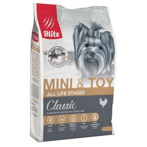 Сухой корм для взрослых собак миниатюрных и мелких пород (вес до 10 кг) Blitz Adult Mini&Toy Classic с курицей 7кг.