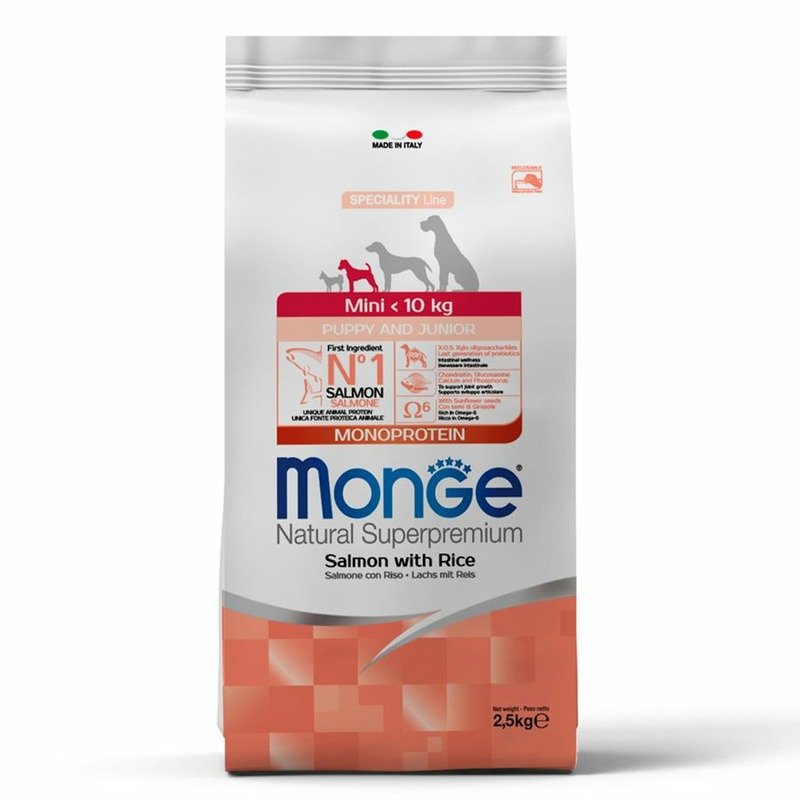 Monge Monge Dog Speciality Line Monoprotein сухой корм для щенков мелких пород, из лосося с рисом – 2,5 кг