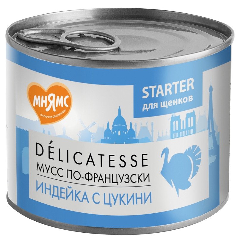 Мнямс Delicatesse Starter \”Мусс по-французски\” влажный корм для щенков до 4 месяцев, паштет из индейки с цукини, в консервах – 200 г х 12 шт