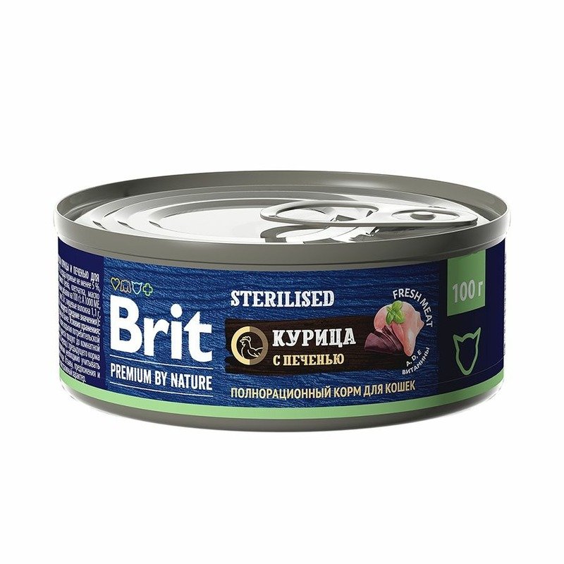 Brit Premium by Nature Sterilised полнорационный влажный корм для стерилизованных кошек, фарш из курицы с печенью, в консервах – 100 г