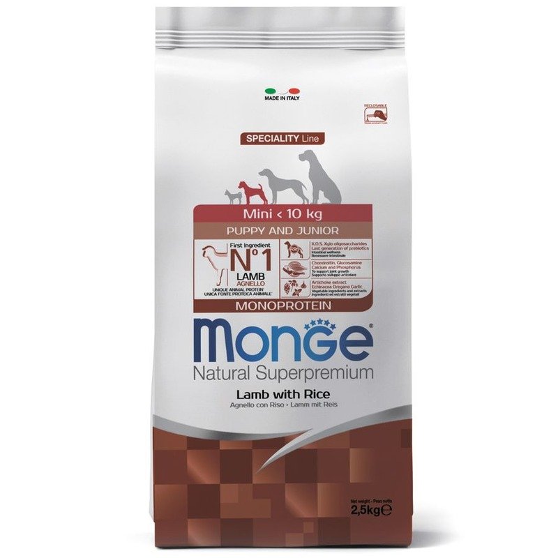 Monge Dog Speciality Line Monoprotein Mini полнорационный сухой корм для щенков мелких пород, с ягненком и рисом – 2,5 кг