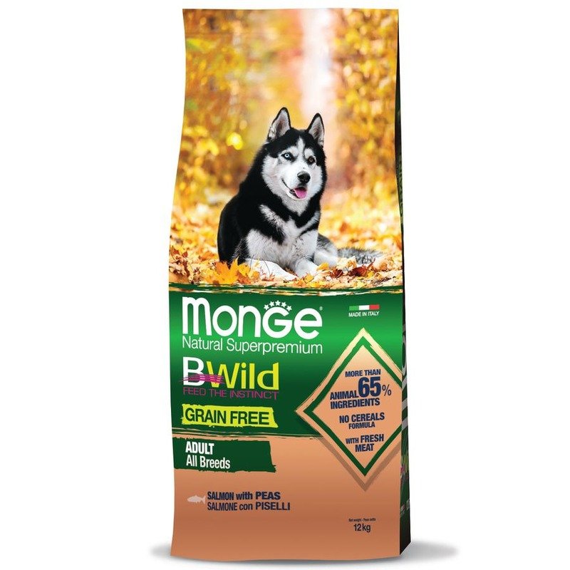 Monge Dog BWild Grain Free сухой беззерновой корм для взрослых собак всех пород с лососем и горохом 12 кг