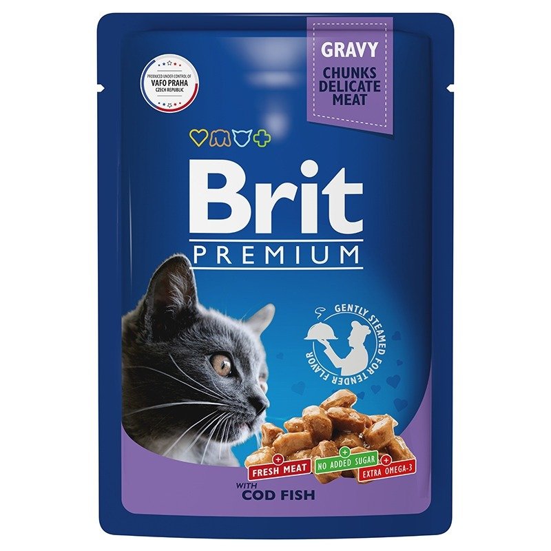 Brit Premium полнорационный влажный корм для кошек, с треской, кусочки в соусе, в паучах - 85 г