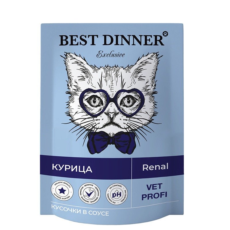 Best Dinner Exclusive Vet Profi Renal полнорационный влажный корм для кошек, для профилактики заболеваний почек, с курицей, кусочки в соусе, в паучах – 85 г