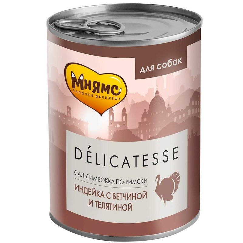 Мнямс Delicatesse \”Сальтимбокка по-римски\” влажный корм для собак паштет из индейки с ветчиной и телятиной, в консервах – 400 г х 12 шт