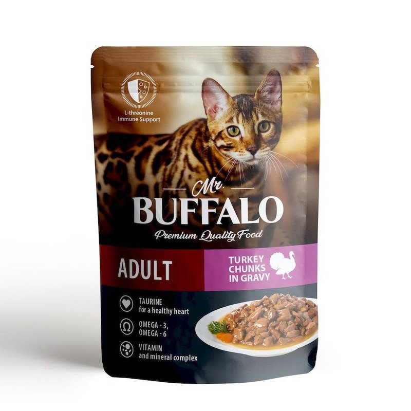 Mr. Buffalo Adult Sensitive влажный корм для котов и кошек с чувствительным пищеварением, с индейкой, кусочки в соусе, в паучах – 85 г