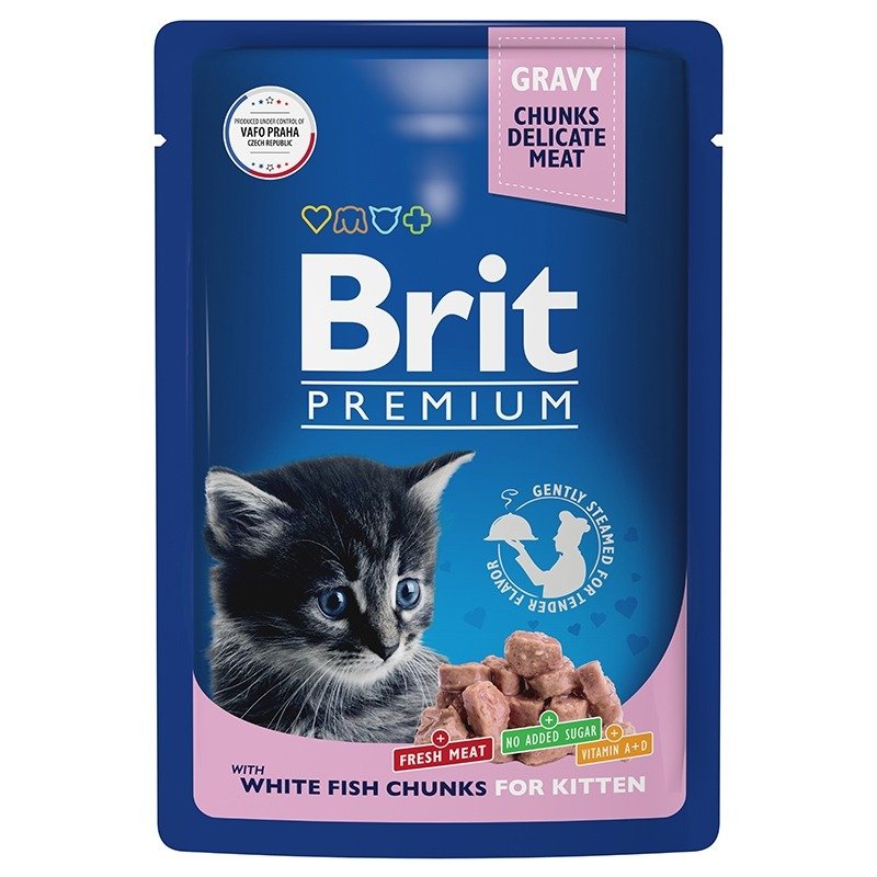 Brit Premium полнорационный влажный корм для котят, с белой рыбой, кусочки в соусе, в паучах – 85 г