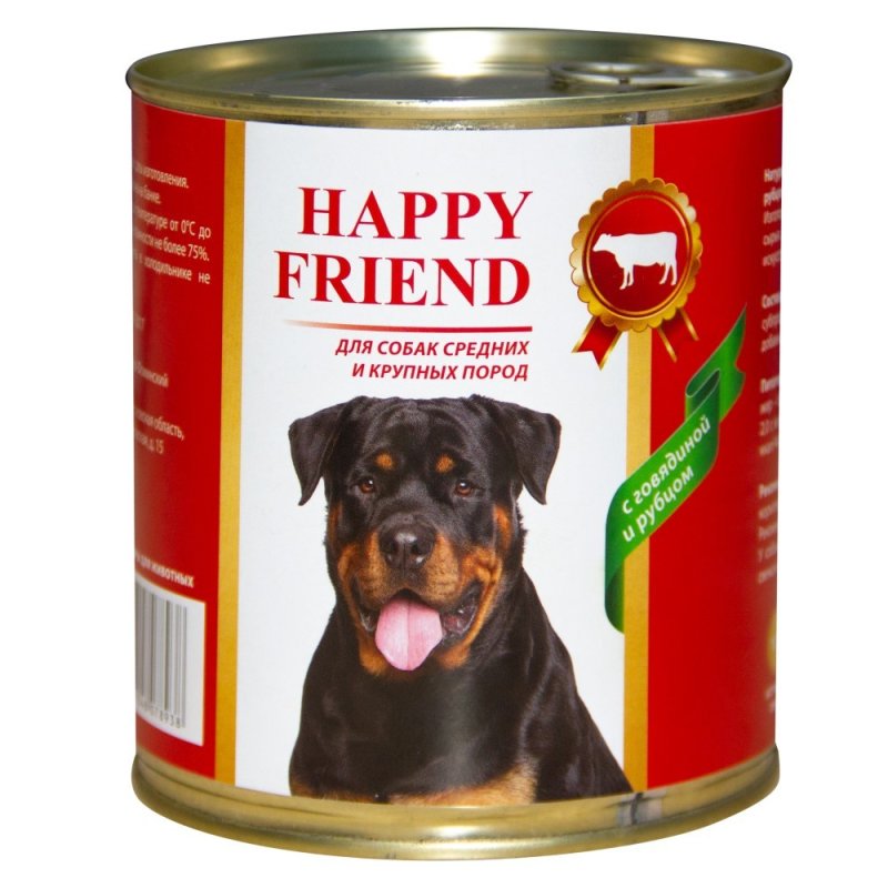 Корм для собак HAPPY FRIEND для средних и крупных пород с говядиной и рубцом банка 750г