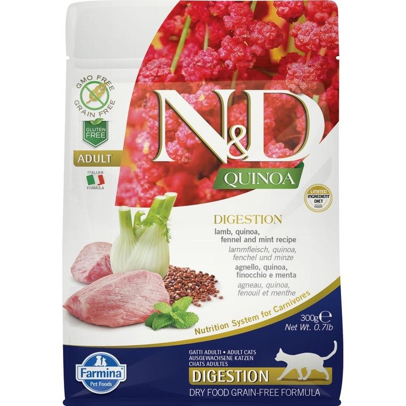 Farmina N&D Quinoa Cat Grain Free Digestion Lamb сухой беззерновой корм для взрослых кошек для поддержки пищеварения с ягненком и киноа – 300 г