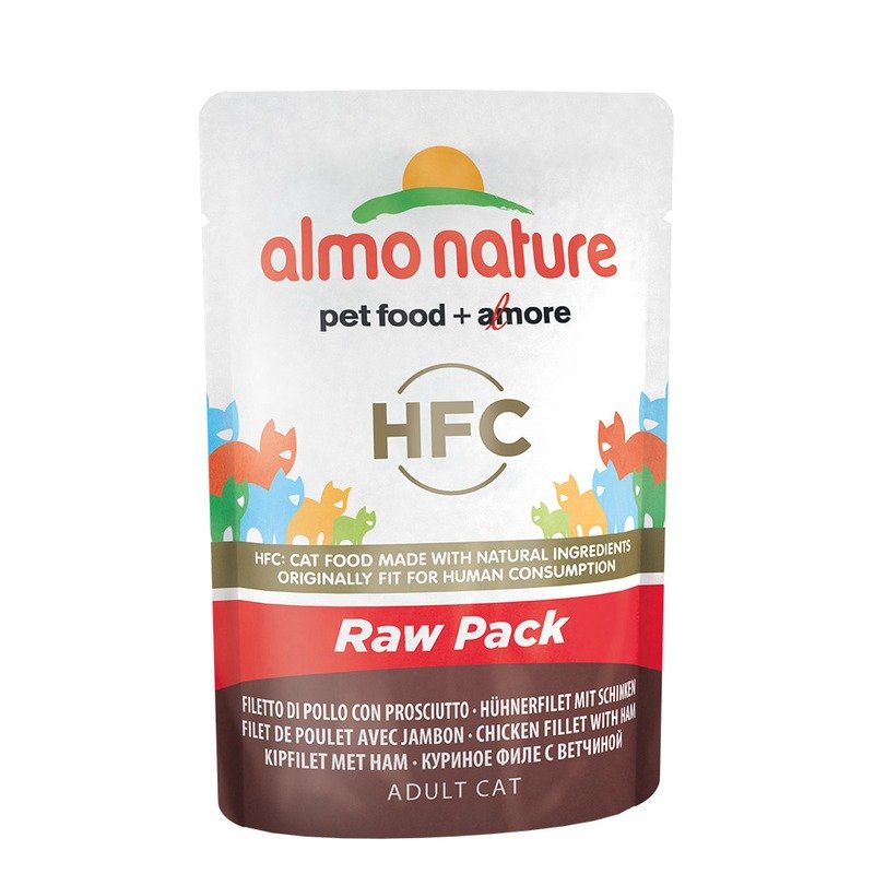 Almo Nature Classic Raw Pack Adult Cat Chicken Fillet with Ham влажный корм для кошек, с куриным филе и ветчиной 75% мяса, кусочки в бульоне, в паучах – 55 г