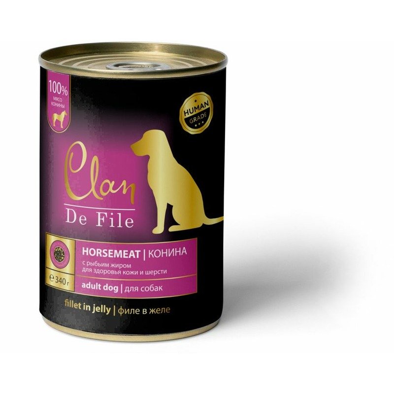 Clan De File полнорационный влажный корм для собак, с кониной, кусочки в желе, в консервах – 340 г