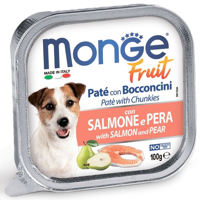 Monge Dog Fruit полнорационный влажный корм для собак, с лососем и грушей, кусочки в паштете, в ламистерах – 100 г