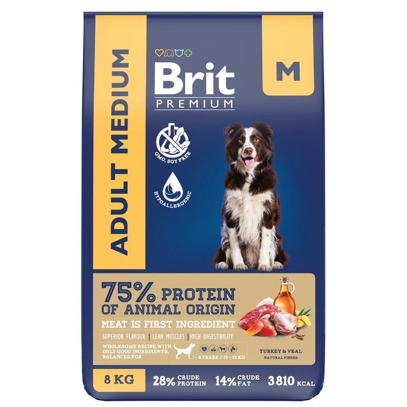 Brit Premium Dog Adult Medium сухой корм для взрослых собак средних пород (10-25 кг), с индейкой и телятиной – 8 кг