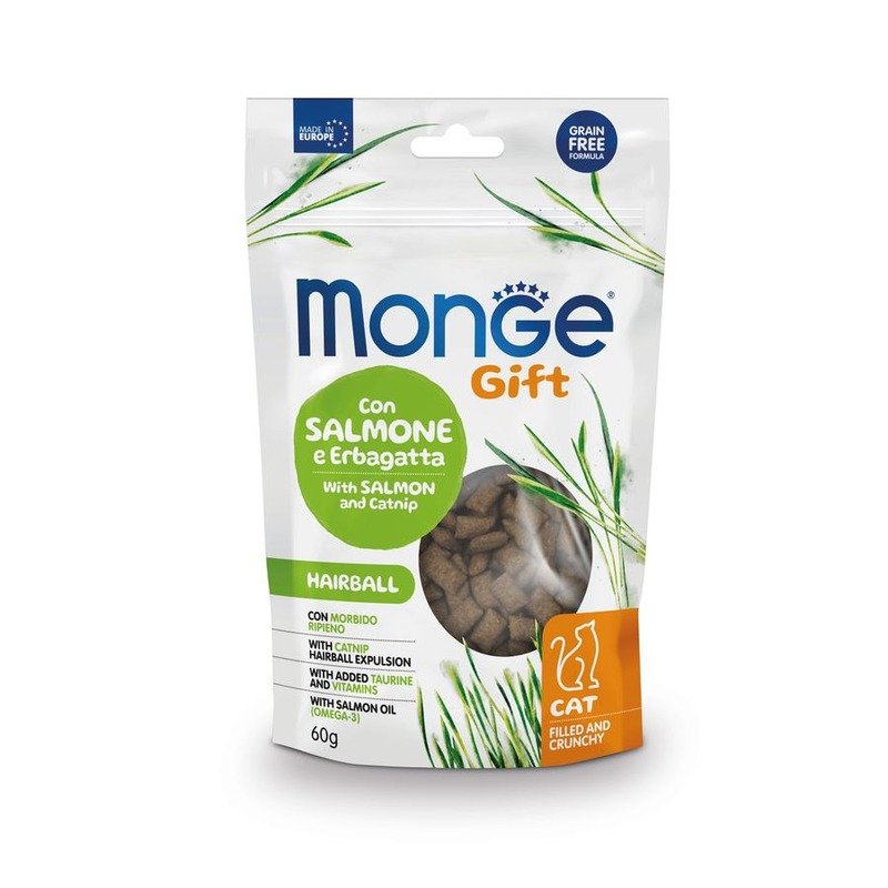 Monge Gift Hairball лакомство для кошек Хрустящие подушечки с лососем и кошачьей мятой, для вывода шерсти – 60 г