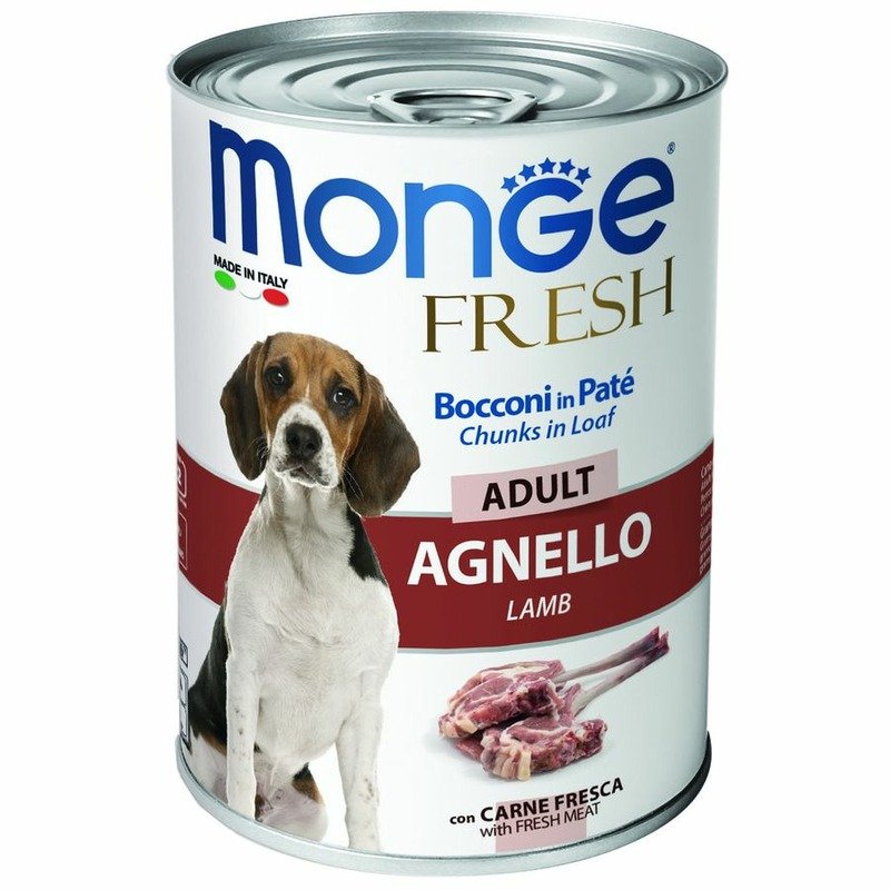 Monge Dog Fresh Chunks in Loaf полнорационный влажный корм для собак, мясной рулет из ягненка, кусочки в паштете, в консервах – 400 г