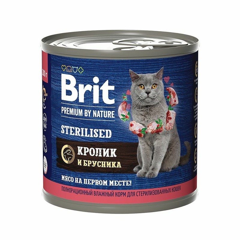 Brit Premium by Nature Sterilised полнорационный влажный корм для стерилизованных кошек, фарш из кролика с брусникой, в консервах – 200 г