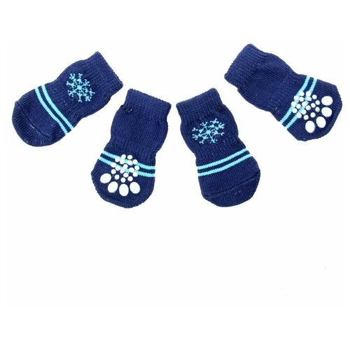 Носки для собак нескользящие “Снежинка”, размер М (3/4 * 7 см), набор 4 шт, темно-синие