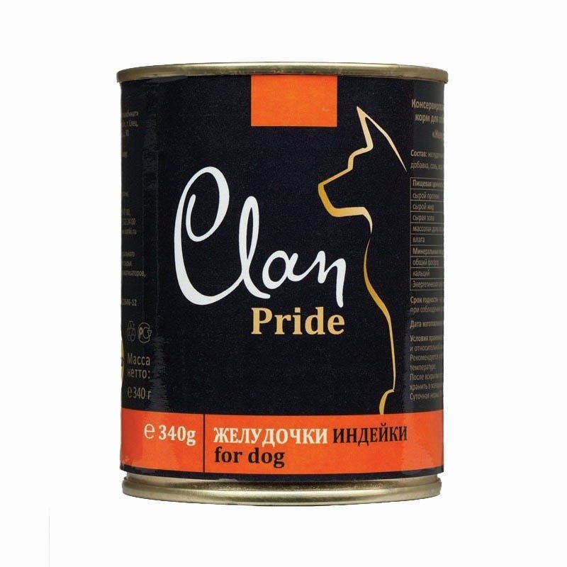 Clan Pride полнорационный влажный корм для собак, с желудочками индейки, кусочки в желе, в консервах – 340 г