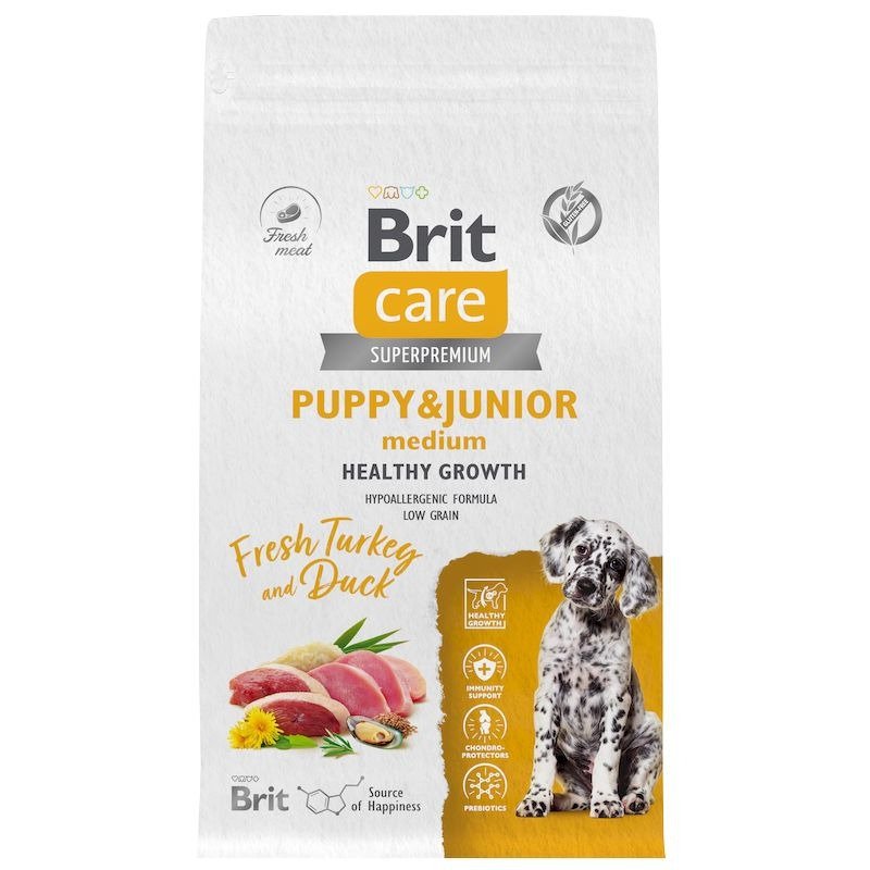 Brit Care Dog Puppy&Junior M Healthy Growth сухой корм для щенков средних пород, с индейкой и уткой – 1,5 кг