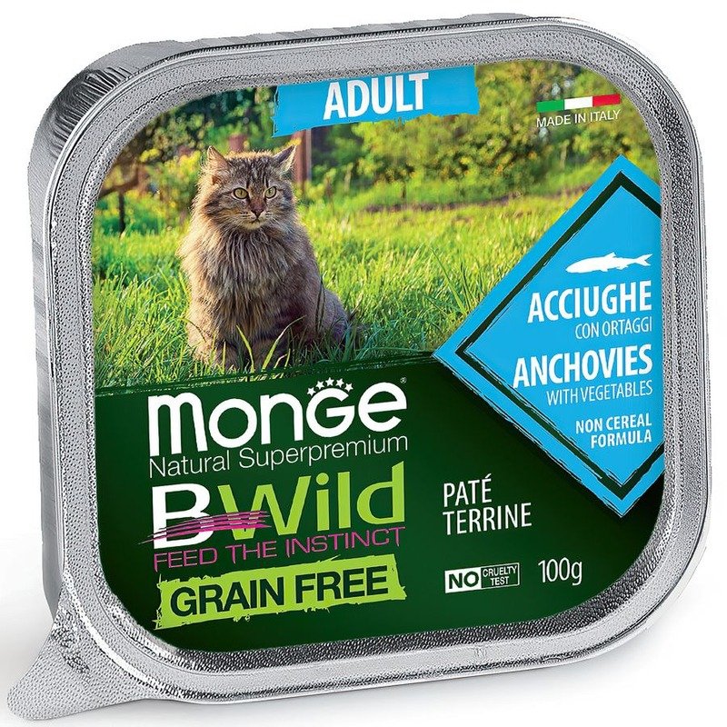 Monge Cat BWild Grain Free полнорационный влажный корм для кошек, беззерновой, паштет с анчоусами и овощами, в ламистерах – 100 г