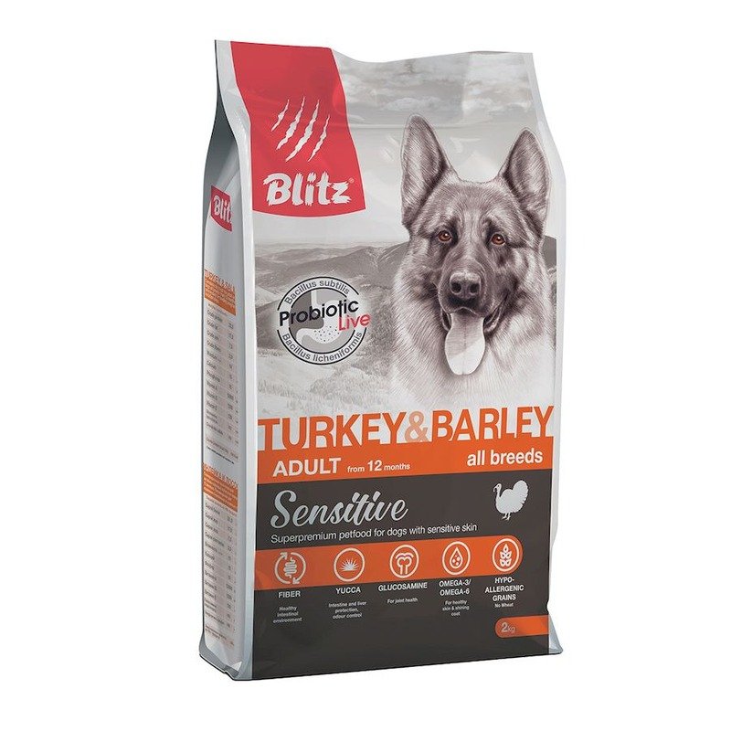 Blitz Sensitive Adult Turkey & Barley полнорационный сухой корм для собак, с индейкой и ячменем – 2 кг