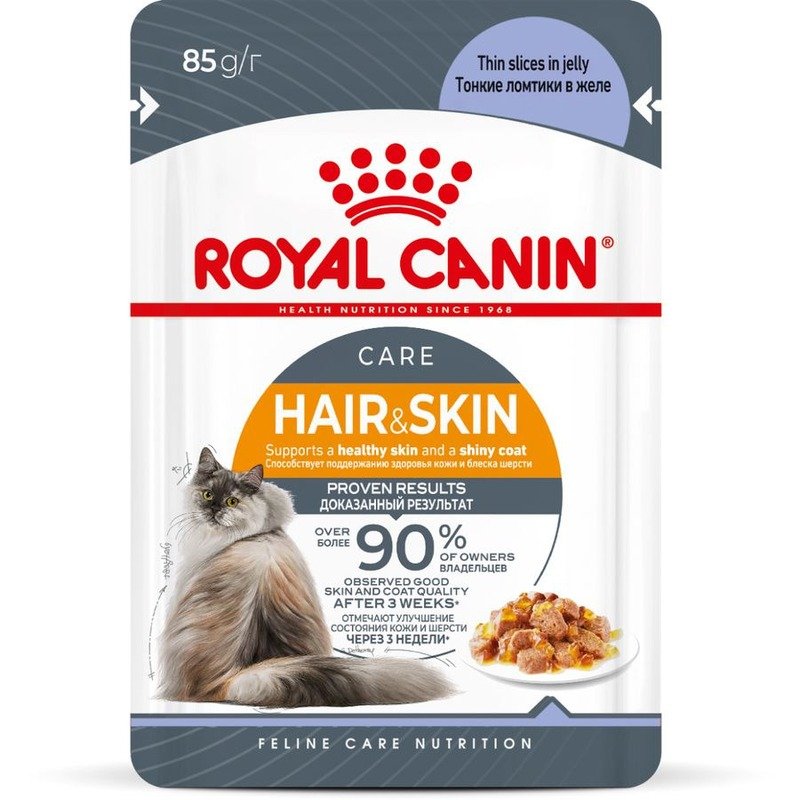 Royal Canin Hair&Skin Care влажный корм для взрослых кошек, для поддержания здоровья кожи и красоты шерсти, тонкие ломтики в желе, в паучах – 85 г х 28 шт