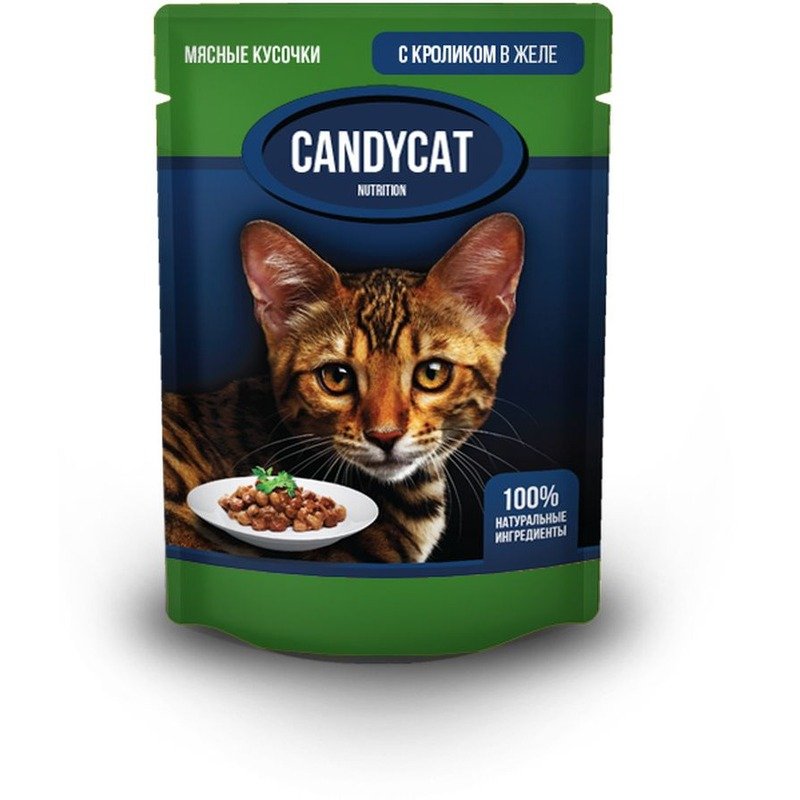 Candycat полнорационный влажный корм для кошек, с кроликом, кусочки в желе, в паучах – 85 г