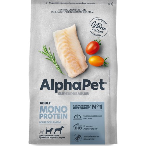 ALPHAPET SUPERPREMIUM MONOPROTEIN Корм для взрослых собак средних и крупных пород из Белой рыбы