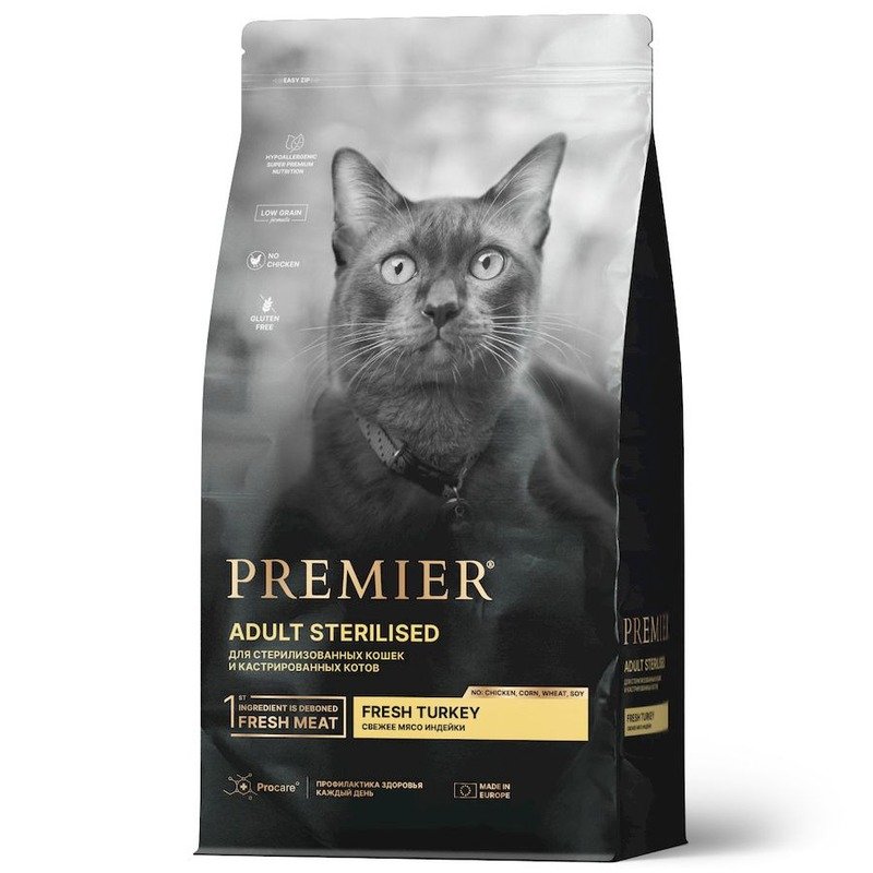 Premier Cat Turkey Sterilised сухой корм для взрослых стерилизованных кошек, свежее мясо индейки – 400 г