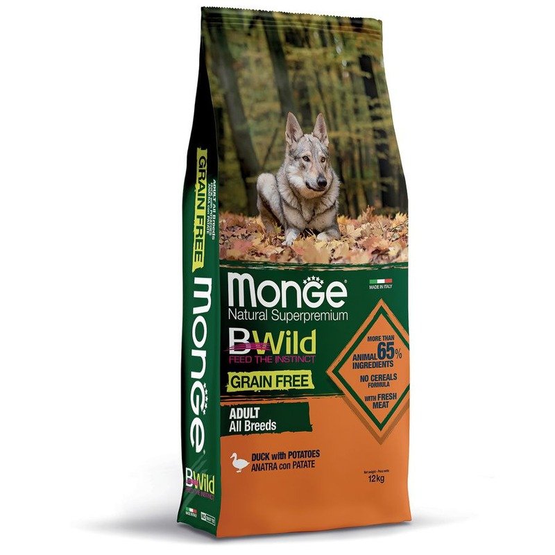 Monge Dog BWild Grain Free сухой беззерновой корм для взрослых собак всех пород с мясом утки и картофелем 12 кг