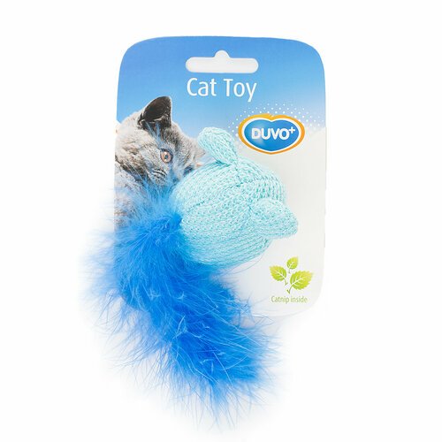 Игрушка для кошек мягкая DUVO+ “Мышка с хвостом из перьев”, голубая, 10х6х4см (Бельгия)