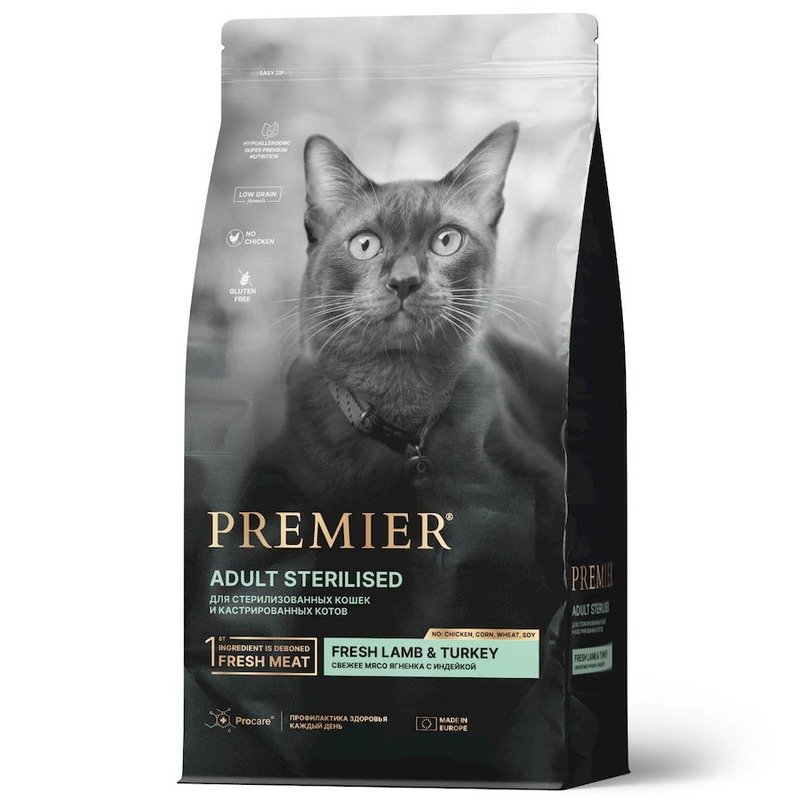 Premier Cat Lamb & Turkey Sterilised сухой корм для взрослых стерилизованных кошек, свежее мясо ягненка с индейкой – 400 г