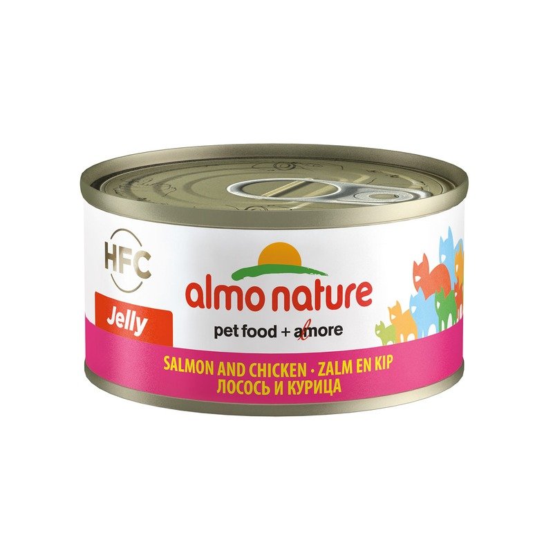 Almo Nature HFC Jelly Adult Cat Salmon&Chicken консервированный корм с цельными кусочками лосося и курицы в бульоне для взрослых кошек – 70 гр. х 24 шт.