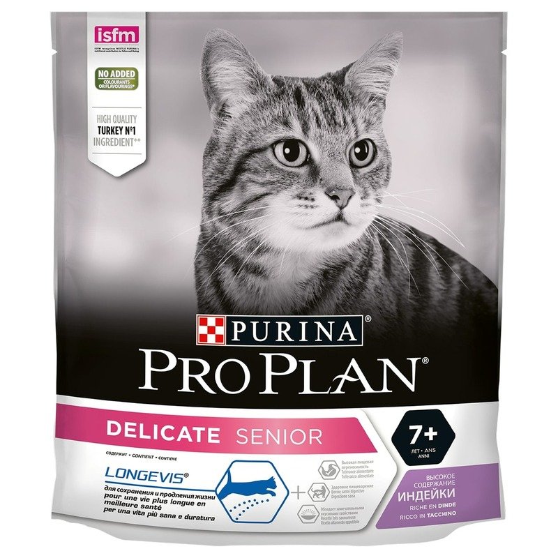 Pro Plan Cat Senior Delicate полнорационный сухой корм для пожилых кошек старше 7 лет, с чувствительным пищеварением или особыми предпочтениями в еде, с индейкой – 400 г