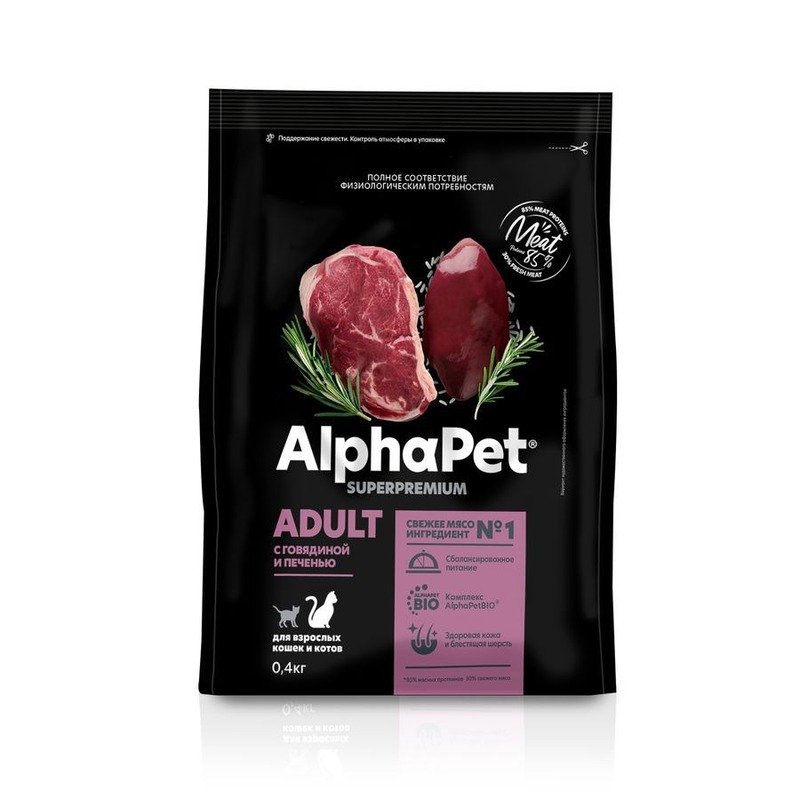 AlphaPet Superpremium сухой полнорационный корм для взрослых кошек и котов с говядиной и печенью – 400 г