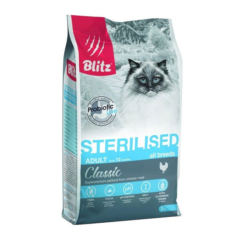 Blitz Classic Sterilised Cat Chicken полнорационный сухой корм для стерилизованных кошек, с курицей – 2 кг