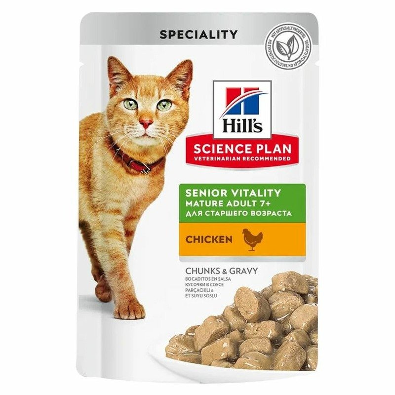 Hills Science Plan Cat Senior Vitality влажный корм для пожилых кошек для поддержания здоровья в период старения, с курицей, кусочки в соусе, в паучах – 85 г