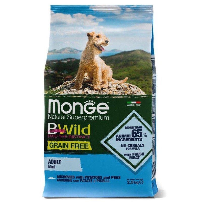 Monge Dog BWild Grain Free Mini полнорационный сухой корм для собак мелких пород, беззерновой, с анчоусом, картофелем и горохом – 2,5кг