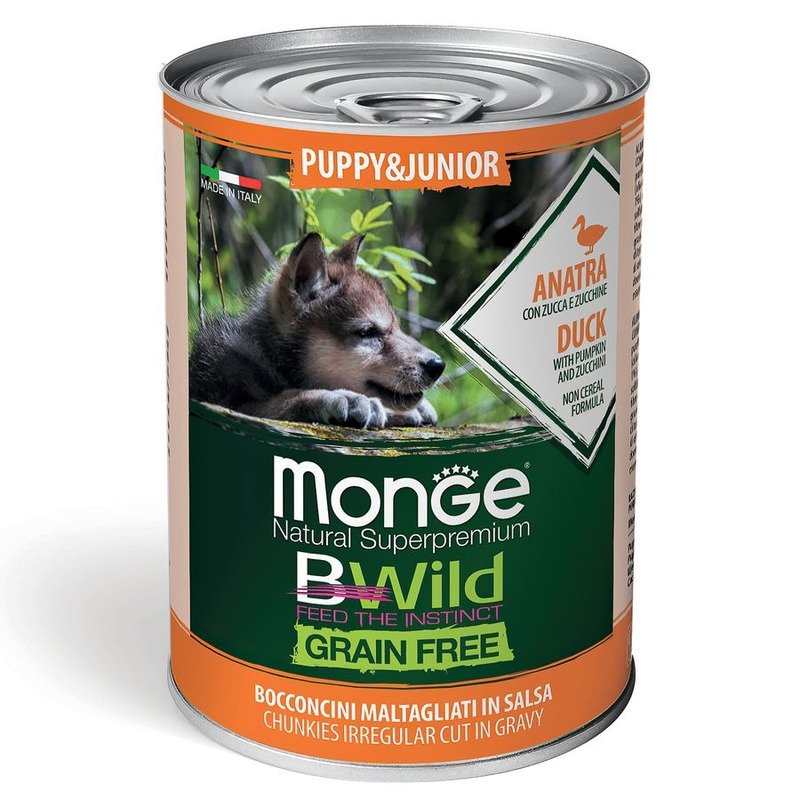 Monge Dog BWild Grain Free Puppy & Junior полнорационный влажный корм для щенков, беззерновой, с уткой, тыквой и кабачками, кусочки в соусе, в консервах – 400 г