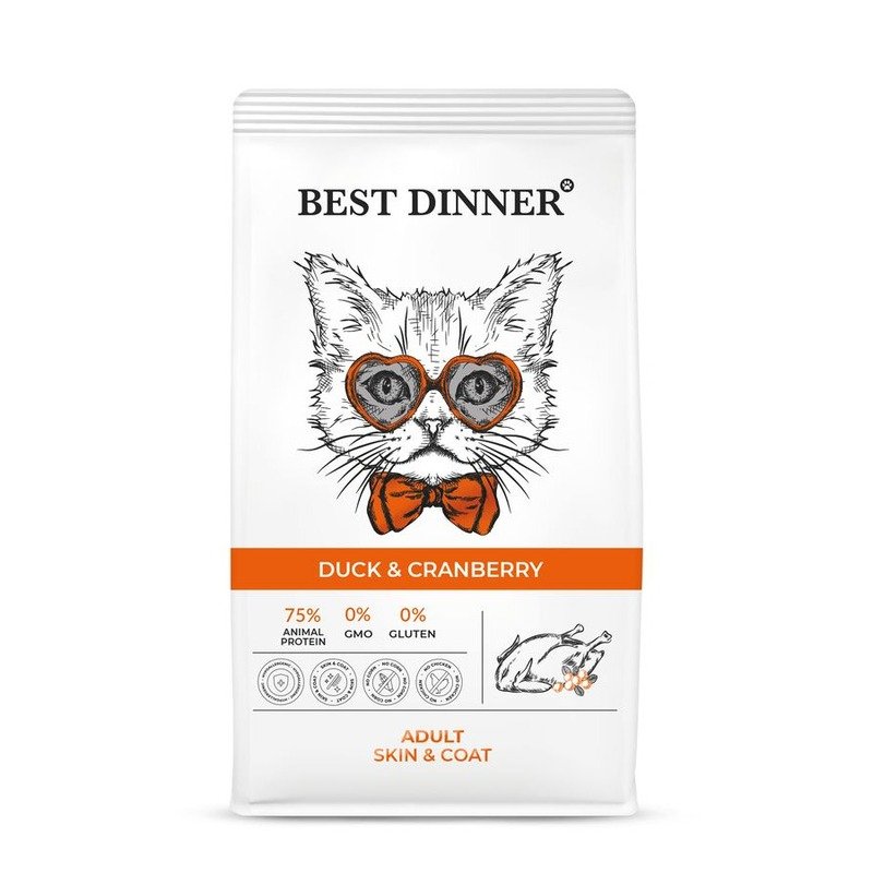 Best Dinner Adult Cat Skin & Coat полнорационный сухой корм для кошек, для ухода за кожей и шерстью, с уткой и клюквой – 1,5 кг