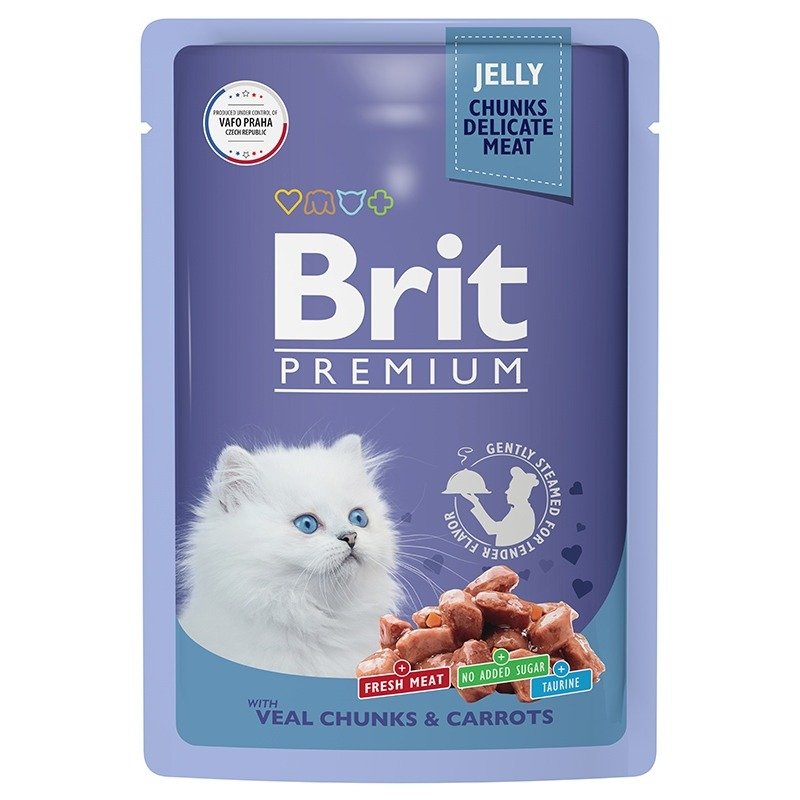 Brit Premium полнорационный влажный корм для котят, с телятиной и морковью, кусочки в желе, в паучах – 85 г
