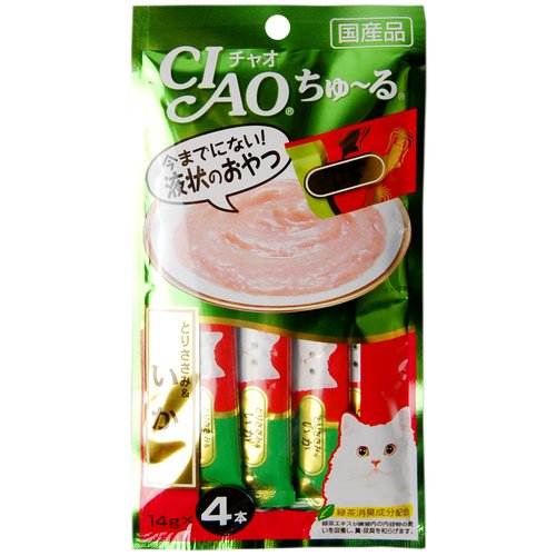 Лакомство для кошек Japan Premium Pet Inaba соус кальмар и парное филе курицы, (профилактика заболеваний), 4 пакетика х 14 гр