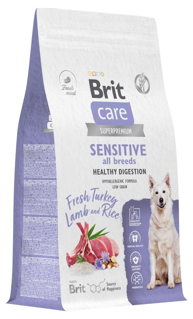Корм сухой для собак Brit Care Dog Adult Sensitive Healthy Digestion индейка ягненок рис, 1,5 кг