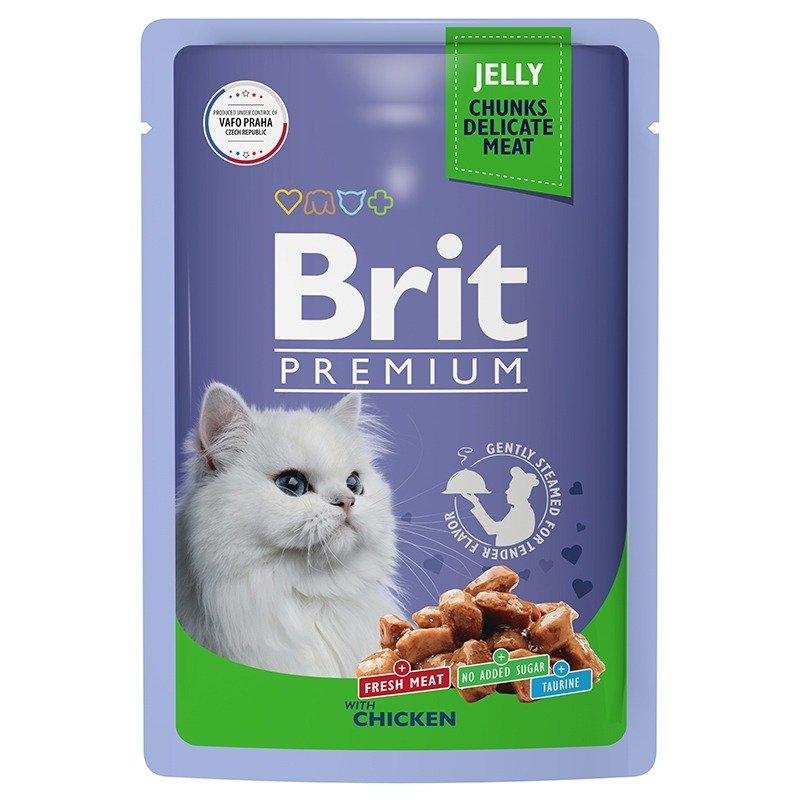 Brit Premium полнорационный влажный корм для кошек, с цыпленком, кусочки в желе, в паучах – 85 г